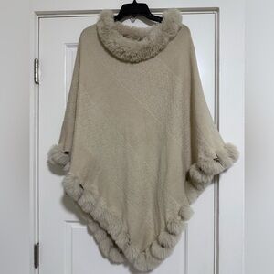 Hayden Cream Women's Poncho with Faux Fur Trim